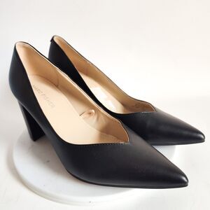 Marc Fisher Pumps Size 6 M Pointy Toe‎ Black Leather Block Heels Slip On Preppy